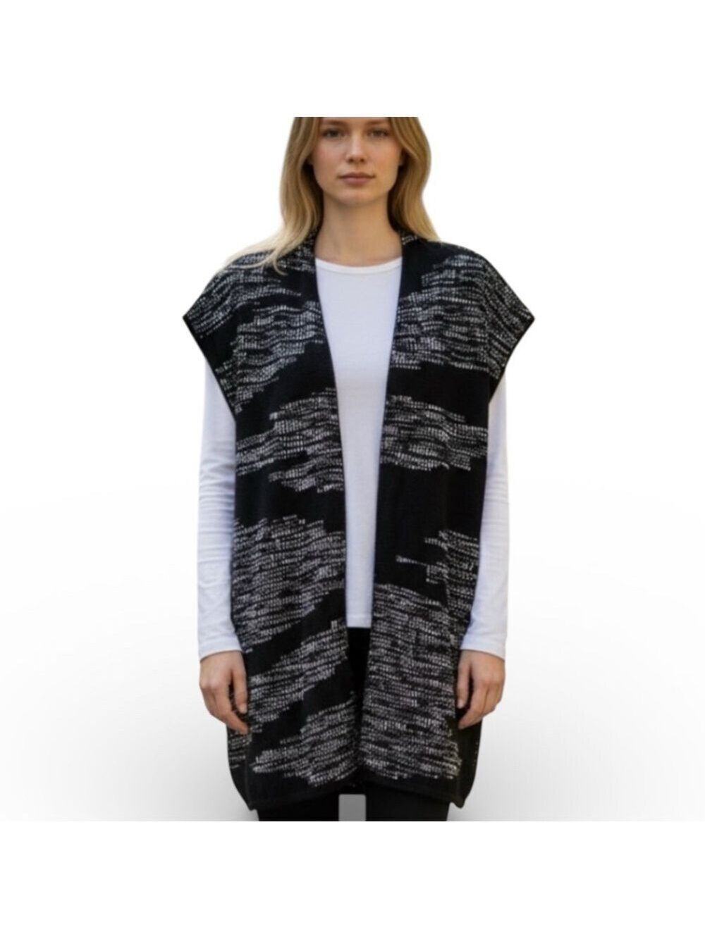 Chico's Long Vest Black and White Tweed Open Front Boho Chico’s 3 or XL